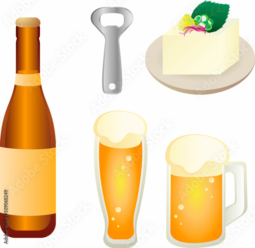 夏　ビール　瓶　栓抜き　ジョッキ　グラス　冷奴　アイコン　飾り　飲み物　シンプル　イラストセット