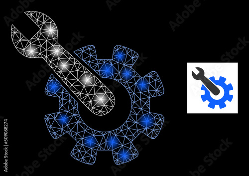 Flare mesh machine repair constellation icon with light spots. Illuminated vector constellation based on machine repair glyph. Sparkle carcass mesh machine repair on a black background.