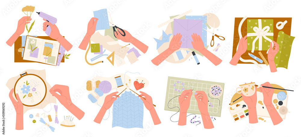 Different craft hobby and workshop set vector illustration. Cartoon hands of talent people making handmade artisan tools, creative embroidery and scrapbooking isolated on white. Handcraft concept
