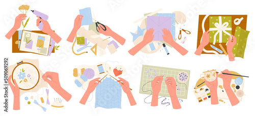 Different craft hobby and workshop set vector illustration. Cartoon hands of talent people making handmade artisan tools, creative embroidery and scrapbooking isolated on white. Handcraft concept