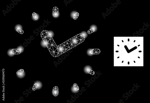 Flare mesh time constellation icon with light spots. Illuminated vector constellation is created from time picture. Sparkle carcass mesh time on a black background.