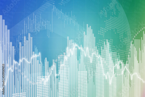 Blue and green finance background. 3D render. Soft focus. Global economy concept
