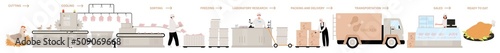 Chicken production, factory line infographic vector illustration. Cartoon automated process of making poultry meat from slaughterhouse to distribution and delivery. Food industry, manufacture concept
