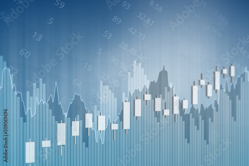 Blue finance background with numbers  columns  line  candlestick. 3D render. Soft focus. Financial market concept