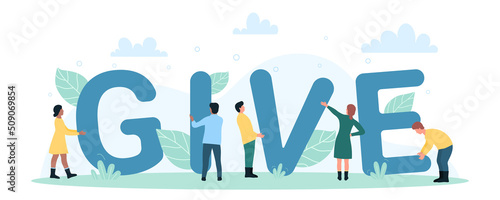 Charity donation poster with tiny volunteers and give lettering. Cartoon people donate humanitarian aid in generous project, giving letters in hands flat vector illustration. Campaign, help concept