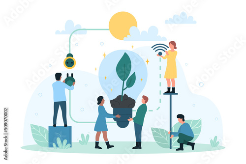Green energy, eco friendly global technology. Cartoon tiny people save, care and clean environment of Earth, grow plant inside light bulb flat vector illustration. Ecology, electricity concept
