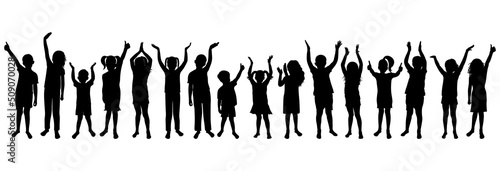 Cheerful crowd of children. Silhouettes of saluting, applauding, thumb up. Happy boys and girls in full growth. Vector illustration
