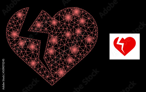 Glossy net heart break constellation icon with lightspots. Illuminated vector constellation based on heart break icon. Sparkle carcass polygonal heart break on a black background.