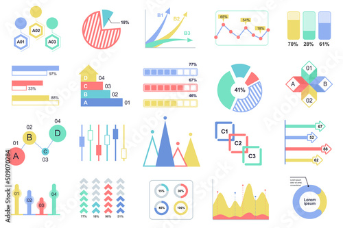 Set of infographic elements data visualization vector design template with different chart, diagram, flowchart, workflow, timeline. Infographics for business statistics, planning and analytics.