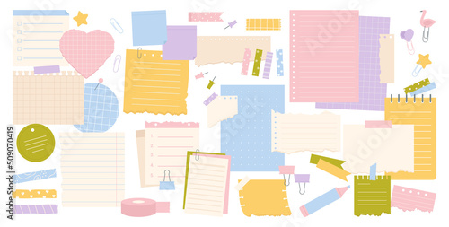 Note paper sheets set vector illustration. Cartoon torn notepaper, empty notepad or notebook pages, paperclip and stickers with adhesive tape collection isolated white. Stationery, scrapbook concept