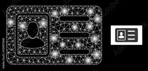 Glowing network photo ID glare icon with lightspots. Illuminated vector model based on photo ID icon. Sparkle frame polygonal photo ID on a black background. Linear frame 2D network in vector format.