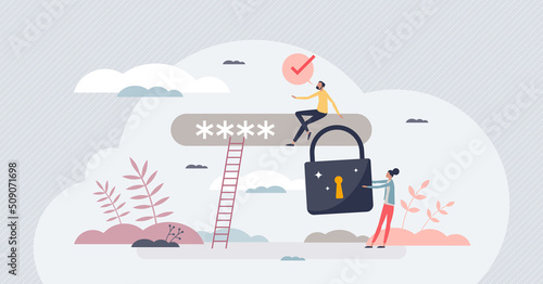 Strong password and high security lock for online account tiny person concept. Authentication access protection with difficult code for defense vector illustration. Safe data information and privacy.