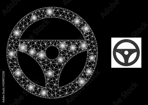 Flare network steering wheel glare icon with lightspots. Illuminated vector constellation based on steering wheel icon. Sparkle carcass mesh steering wheel on a black background.