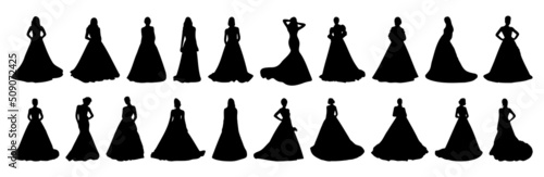 Fototapete Bride wedding silhouette, different pack of woman dress silhouettes