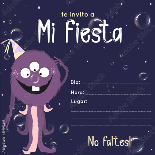 invitación para fiesta infantil con monstruo violeta con rosa y gorrito de fiesta con coloes y burbujas