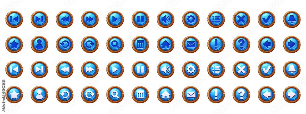 Circle blue buttons with wooden frame and web icons. Vector cartoon set of ui elements for game menu or website, signs of search, mail, sound, star and arrows with wood border