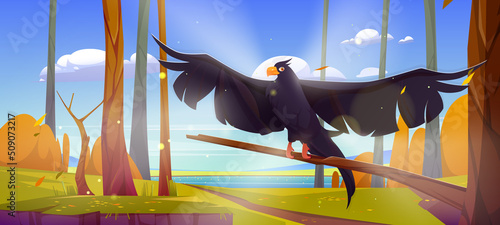 Black raven fly in autumn forest on river shore. Vector cartoon illustration of fall landscape with water stream, green grass, orange bushes, trees and wild crow with spread wings