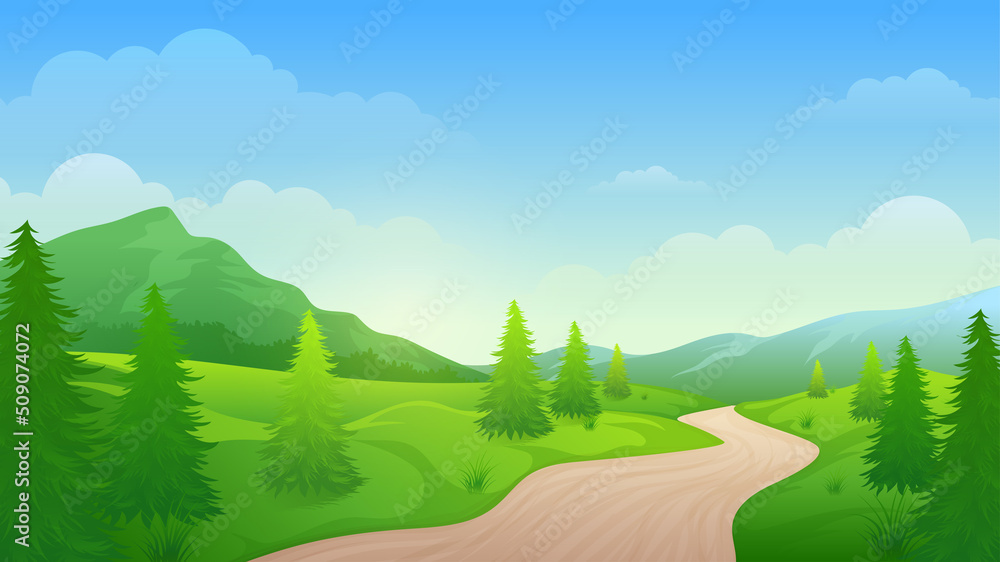Fototapeta premium Footpath through the beautiful hills and pine forests cartoon landscape