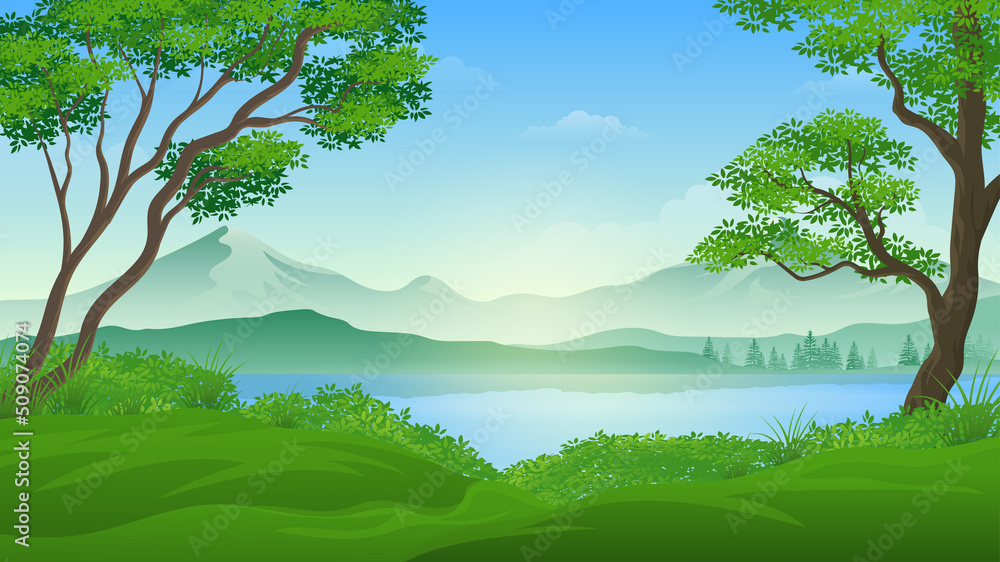 Beautiful Summer Fields Landscape with lake cartoon illustration Stock  Vector | Adobe Stock