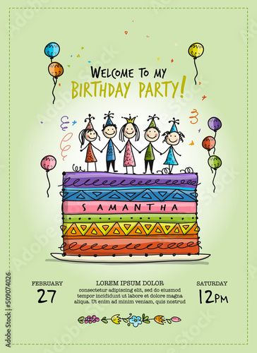 Birthday card banner. Birthday cake with funny children celebrating. Flyer, p...
