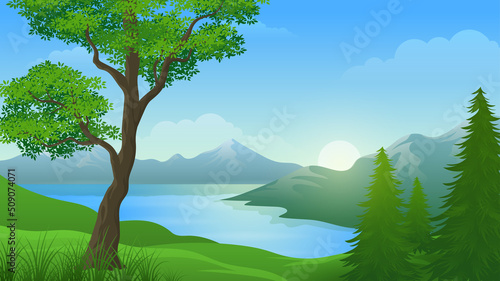 Cartoon summer mountain and river or lake landscape illustration