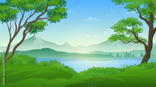 Beautiful Summer Fields Landscape with lake cartoon illustration