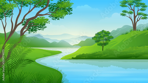 Summer river or lake with mountain landscape cartoon illustration