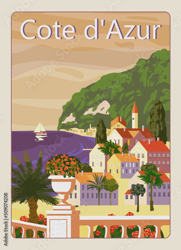 Poster Cote de l azur French Riviera coast vintage. Resort, coast, sea, beach. Retro style illustration vector