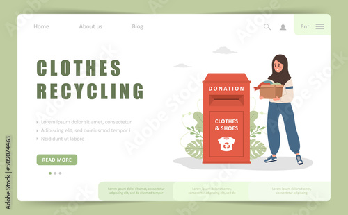 Clothes recycling landing page template. Arabic woman with cardboard box gives things for donation. Clothing bin or recycle container. Volunteering concept. Vector illustration in cartoon style.