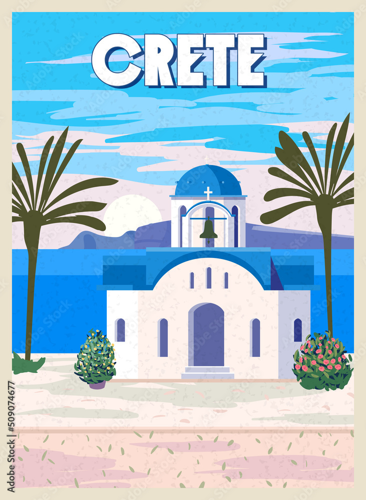 Obraz premium Crete Poster Travel, Greek white church with blue roofs, poster, old Mediterranean European culture and architecture