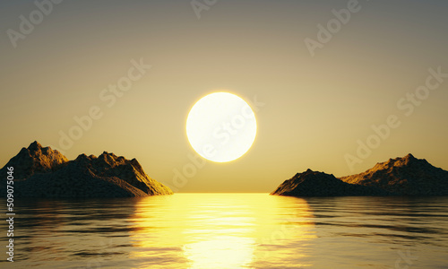 Sunset in the middle of the sea between the islands. The golden rays of the evening sun set. The morning sun is rising in the middle of the sea