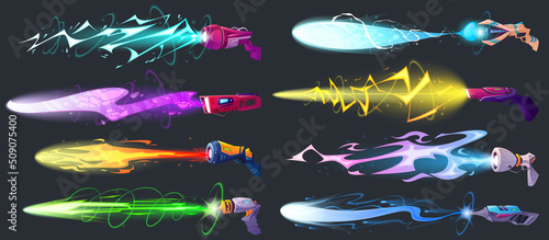 Space guns vfx effect, laser blasters with plasmic beams and rays. Raygun pistols, kid toys or futuristic alien weapon. Game comic energy phasers with colorful lightnings, Cartoon vector illustration