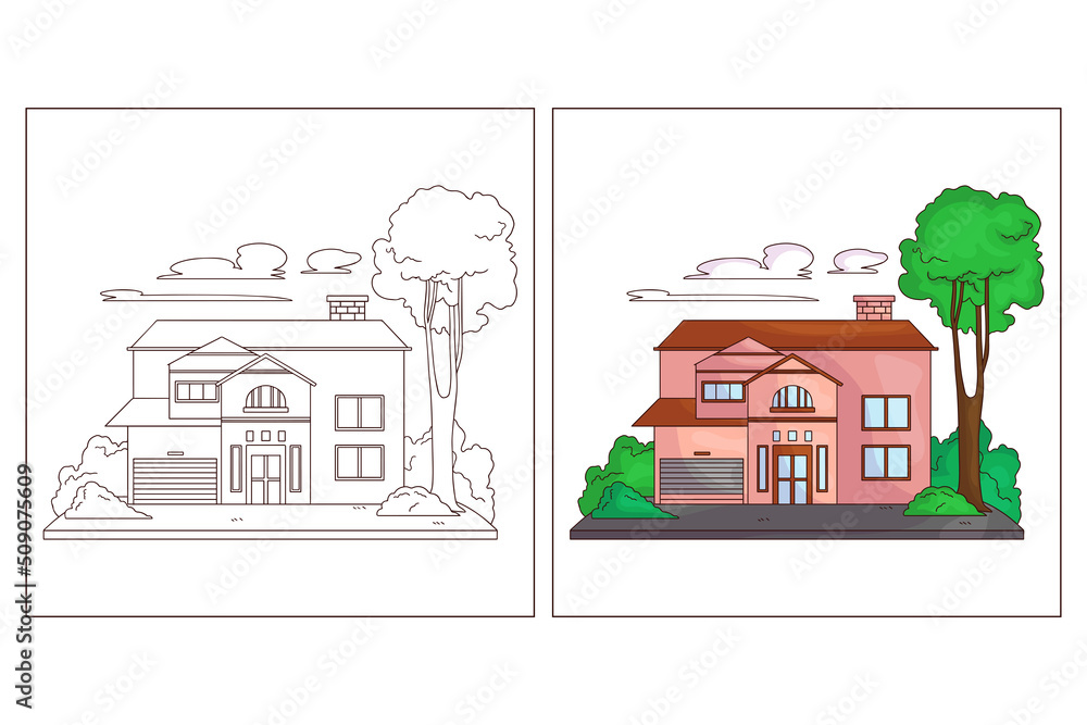 Hand drawn cute homes coloring page