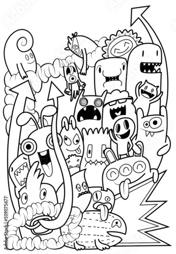 Hand-drawn illustrations  monsters doodle  Hand Drawn cartoon monster illustration Cartoon crowd doodle hand-drawn Doodle style.black and white stripes coloring  book