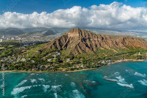 Aerial helicopter view of Diamond Head Mountain, volcanic tuff cone in Honolulu, Oahu
