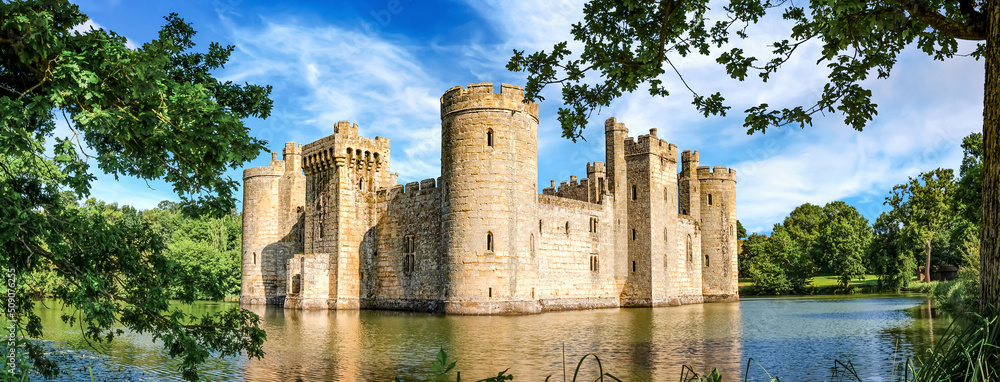Panoramic view of moated castle Bodiam near Robertsbridge in East Sussex, England.