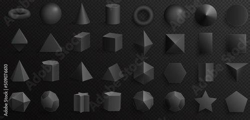 3d geometric black figures and objects set vector illustration. Realistic geometry basic form for education, cone and prism, cylinder and tetrahedron, sphere isolated on transparent background