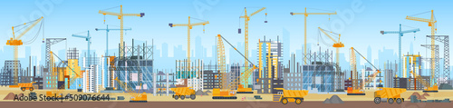 Building process on city construction site with materials and equipment, cranes. Silhouettes of unfinished tall commercial office skyscrapers, towers for home apartments flat vector illustration