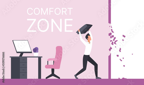 Businessman breaking boundary of comfort zone to escape stagnation and uncertainty. Cartoon employee leaving room to start new life project flat vector illustration. Career, change, growth concept