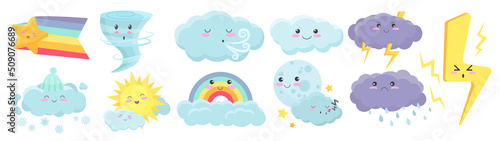 Cute weather elements, baby meteorology set vector illustration. Cartoon kawaii rain cloud characters with sleepy or funny face, summer colorful rainbow, lightning, star and moon isolated on white