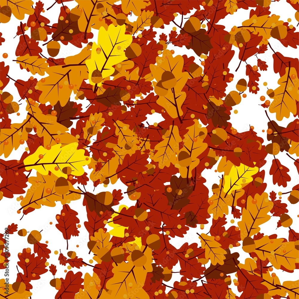 Fototapeta premium Vector seamless pattern oak yellow leaves and acorns isolated on white background.Oak leaf and acorn for September decor. Floral elements in flat style for autumn design.