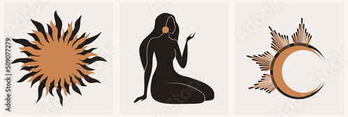 Mystical female hands logo in minimal linear style. Vector logo design. Templates with various hand gestures, moon, stars and crystals. For cosmetics, beauty, tattoo, spa, manicure, jewelry store