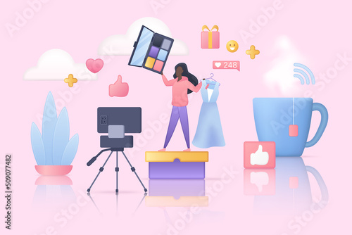 Beauty vlog, fashion and makeup live channel with consultant. Tiny woman influencer talking about cosmetics products in social media, video presentation flat vector illustration. Vlogging concept
