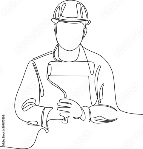 Close up of young Caucasian smiling worker with helmet on head using tablet for work while standing in warehouse. Vector illustration