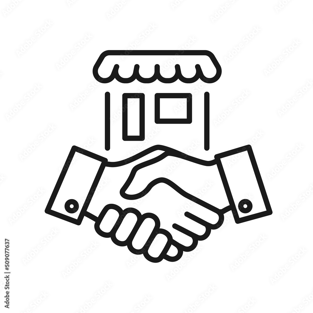 Store cooperation and hand shake symbol. Property dealer making a deal handshake vector linear illustration.