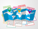 マーカー　扇形に開いた世界地図　大西洋中心　カレンダー　ベクターイラストレーション