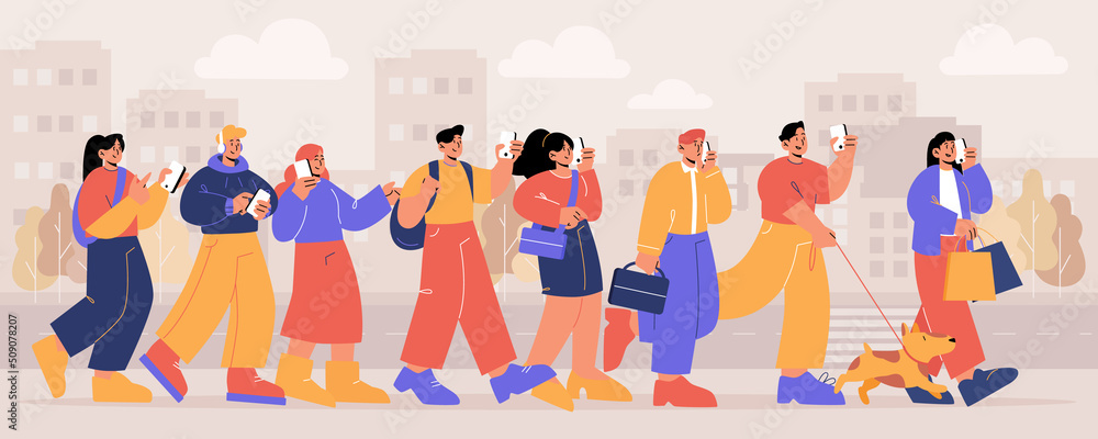 People with phones walk at city street, male and female characters with gadgets in hands go along the road on urban cityscape background. Men, women, teens, pets Line art flat vector illustration People with phones walk at city street, male and female characters with gadgets in hands go along the road on urban cityscape background. Men, women, teens, pets Line art flat vector illustration