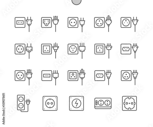 Types of electric sockets. AC power plugs, electrical outlet and power socket. Electric strip. Pixel Perfect Vector Thin Line Icons. Simple Minimal Pictogram