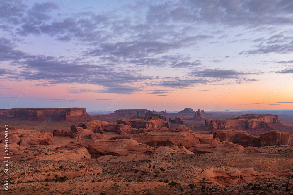 Sunrise at Monument Valley as viewed from Hunt's Mesa, Arizona-Utah State Line in the 4 Corners Region	
