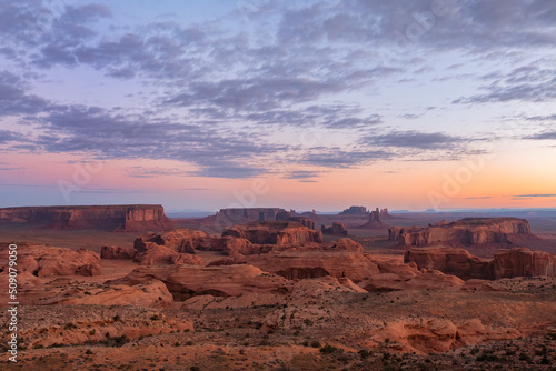 Sunrise at Monument Valley as viewed from Hunt's Mesa, Arizona-Utah State Line in the 4 Corners Region 